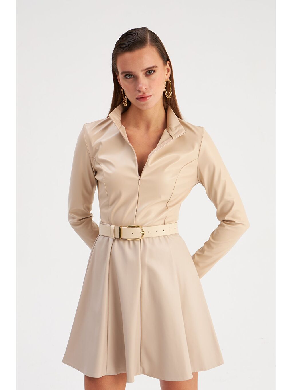 Bej Mini Deri Etek - Taş-1