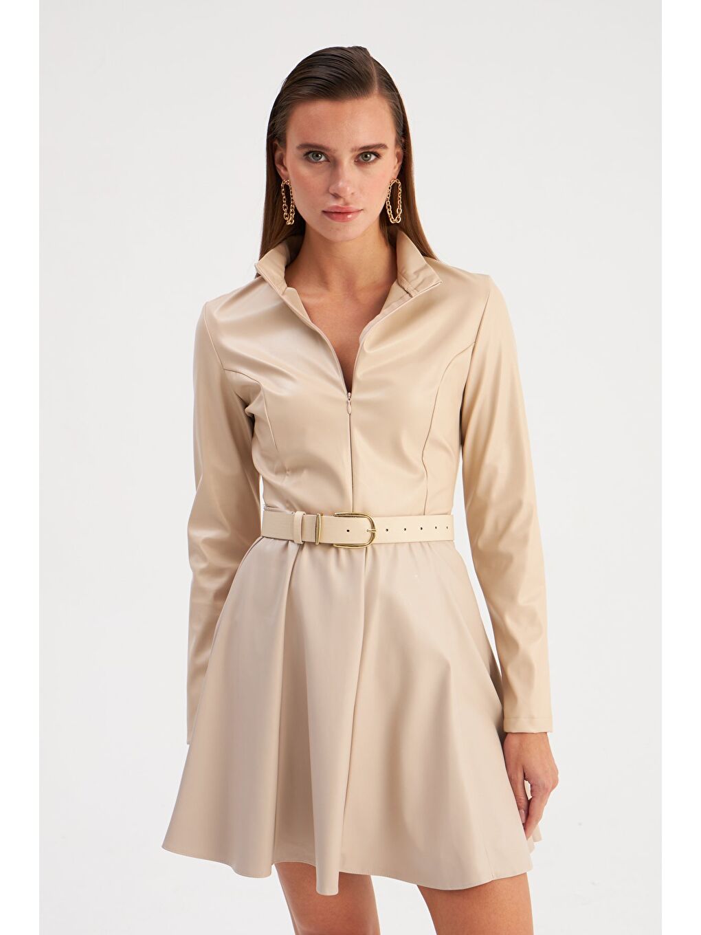 Bej Mini Deri Etek - Taş-2