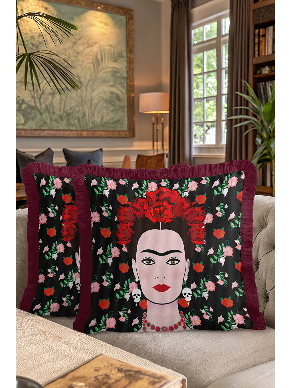 Karışık Sanatsal Çiçek Motifli Saçaklı Yastık Kılıfı - Eklektik Portre Temalı Bordo Püsküllü Kırlent Kılıfı-7