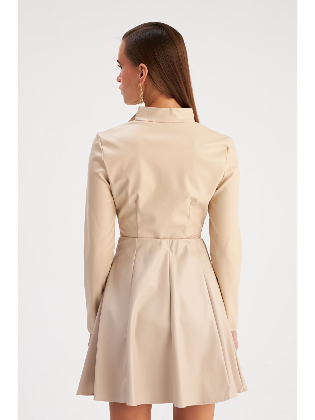 Bej Mini Deri Etek - Taş-4