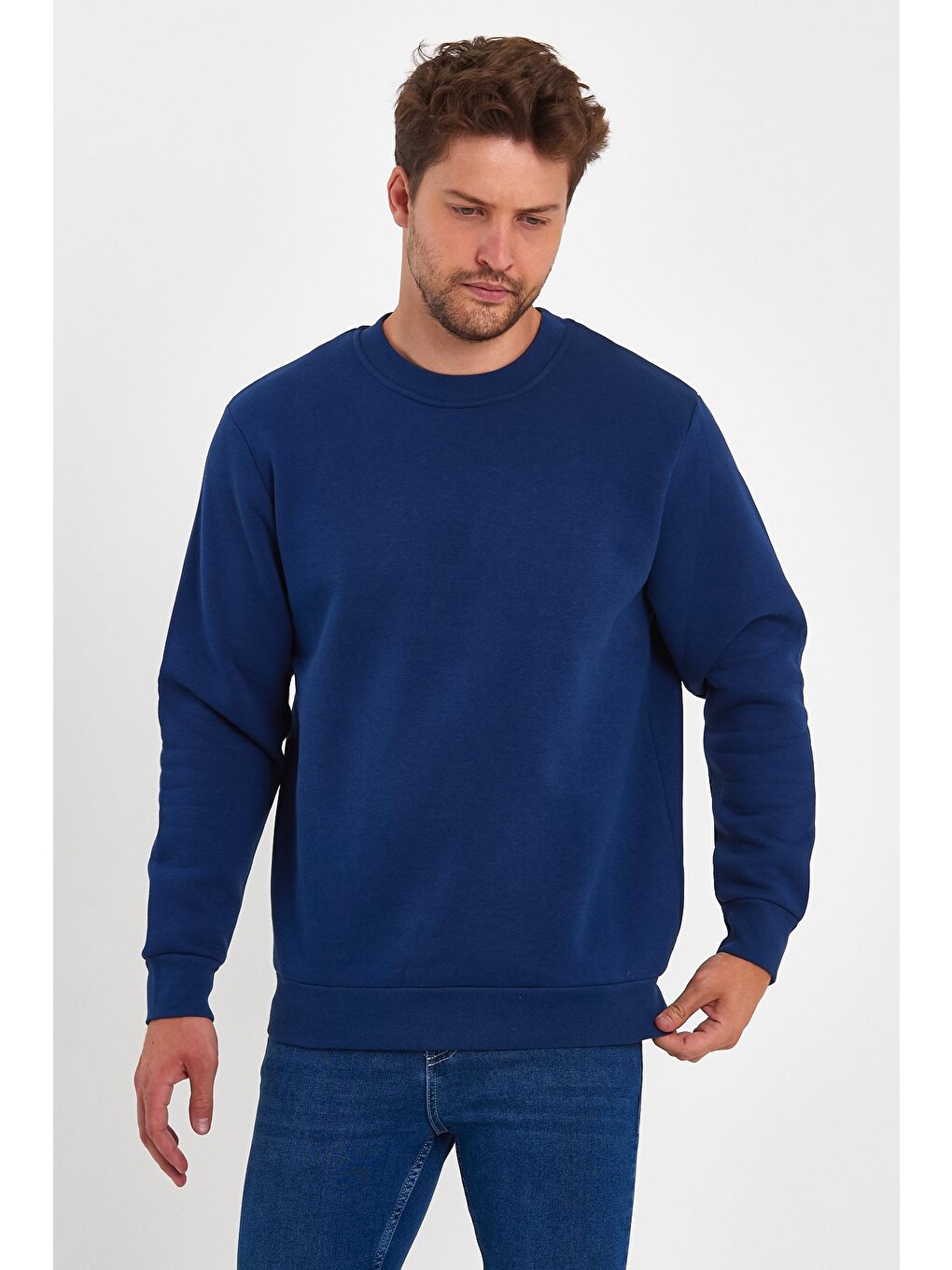 İndigo 3 İplik Şardonlu Bisiklet Yaka Erkek Sweatshirt-3