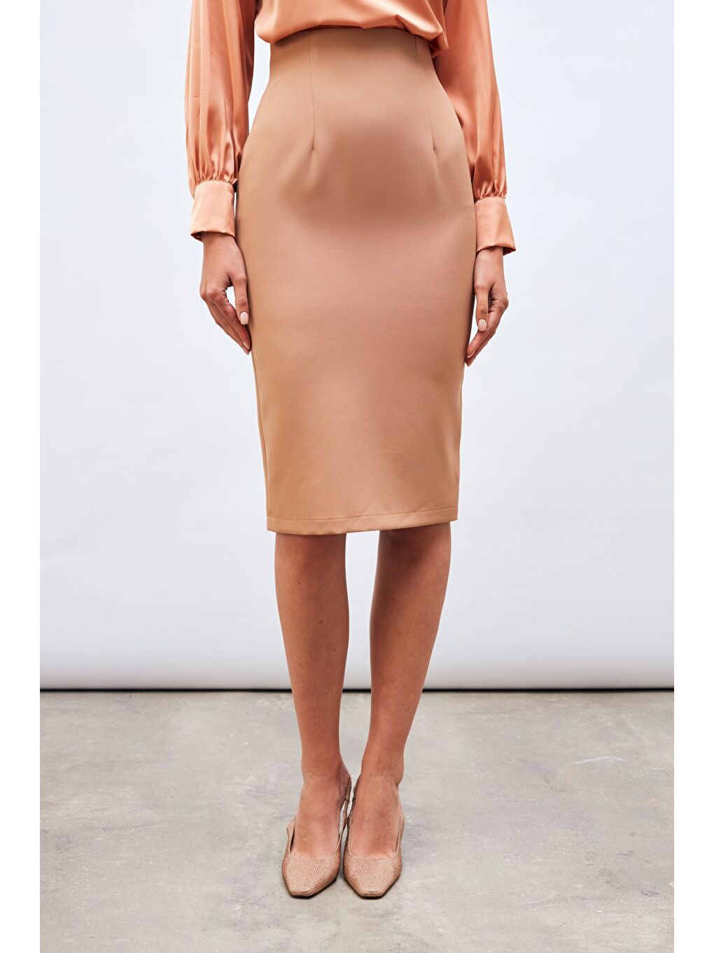 Kahverengi Düz Kalem Etek - Camel-2