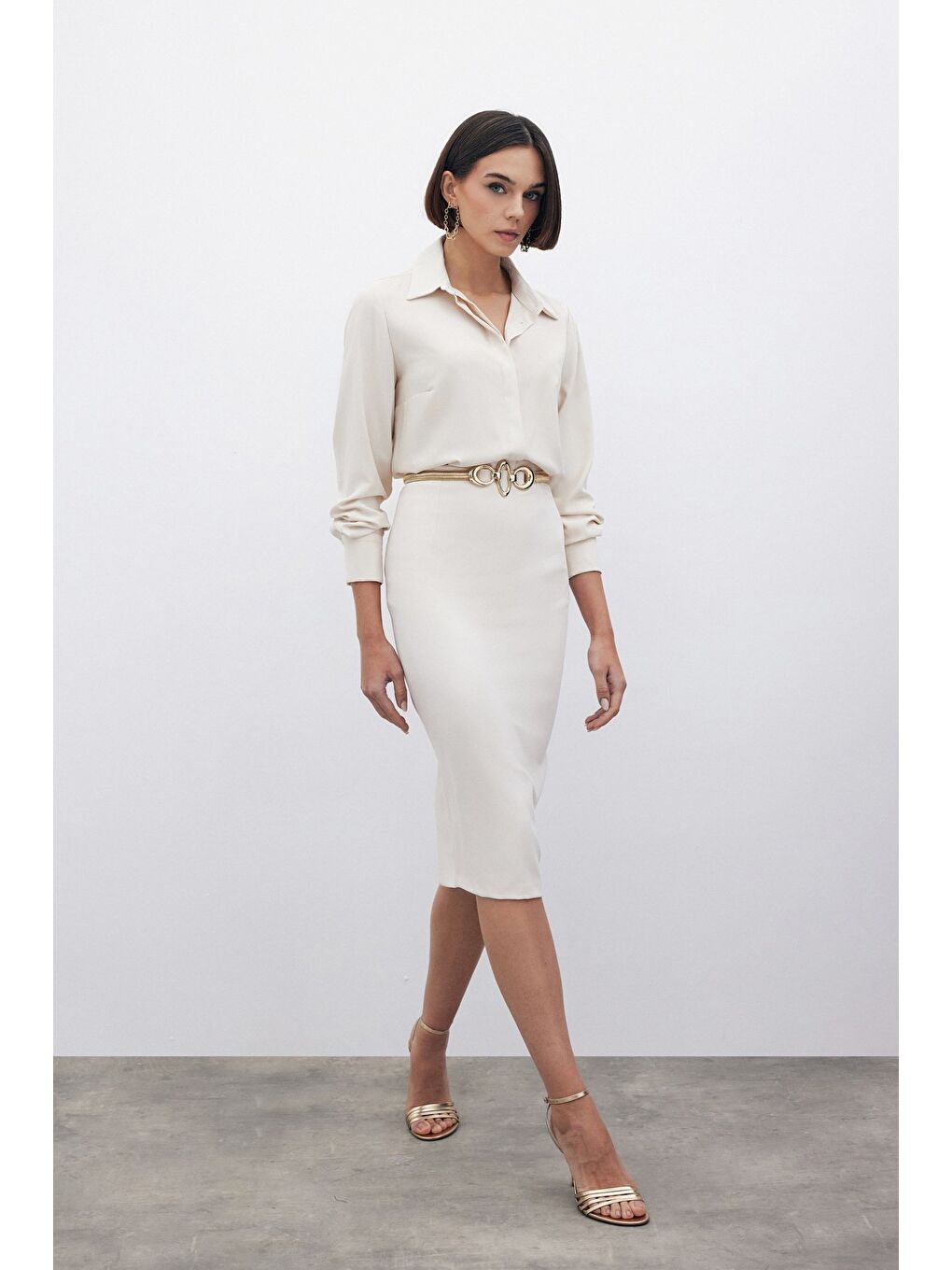 Bej Düz Kalem Etek - Taş