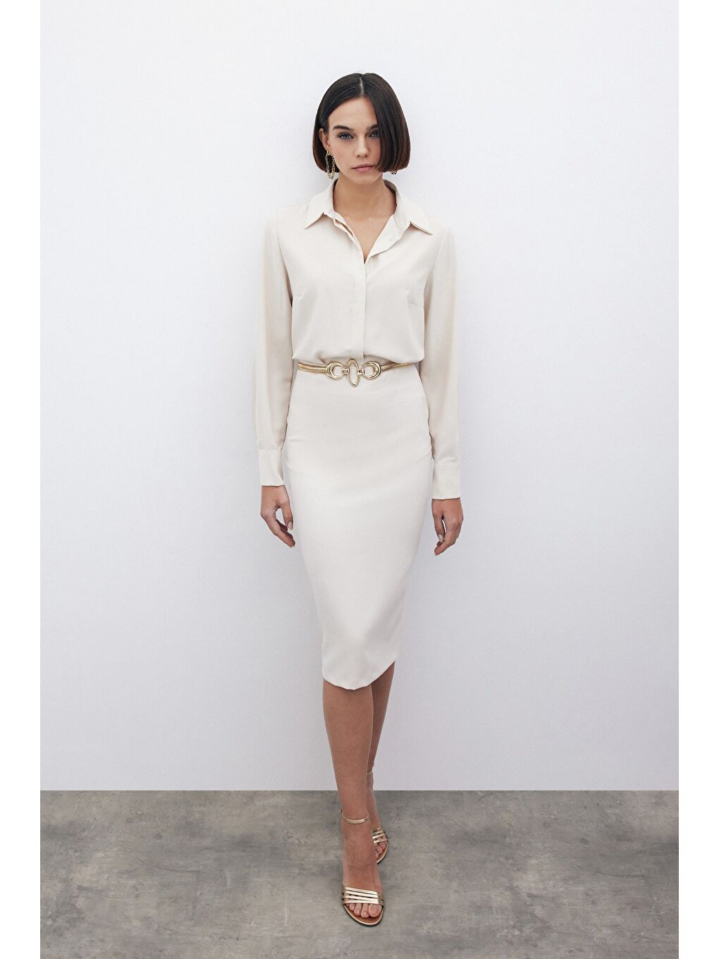 Bej Düz Kalem Etek - Taş-1