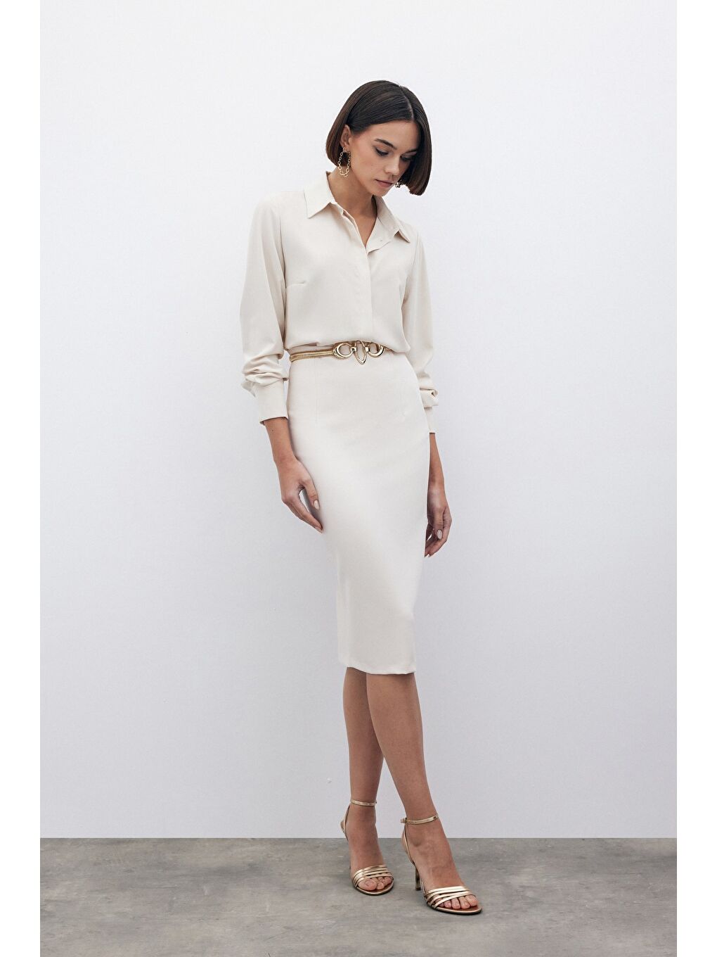 Bej Düz Kalem Etek - Taş-3