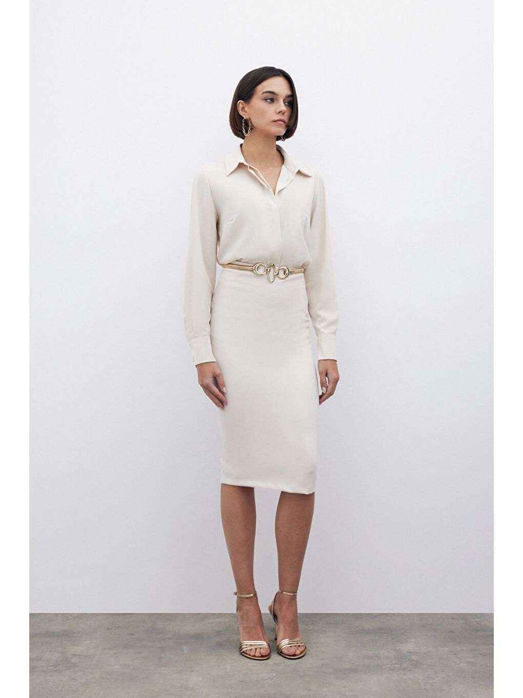 Bej Düz Kalem Etek - Taş-4