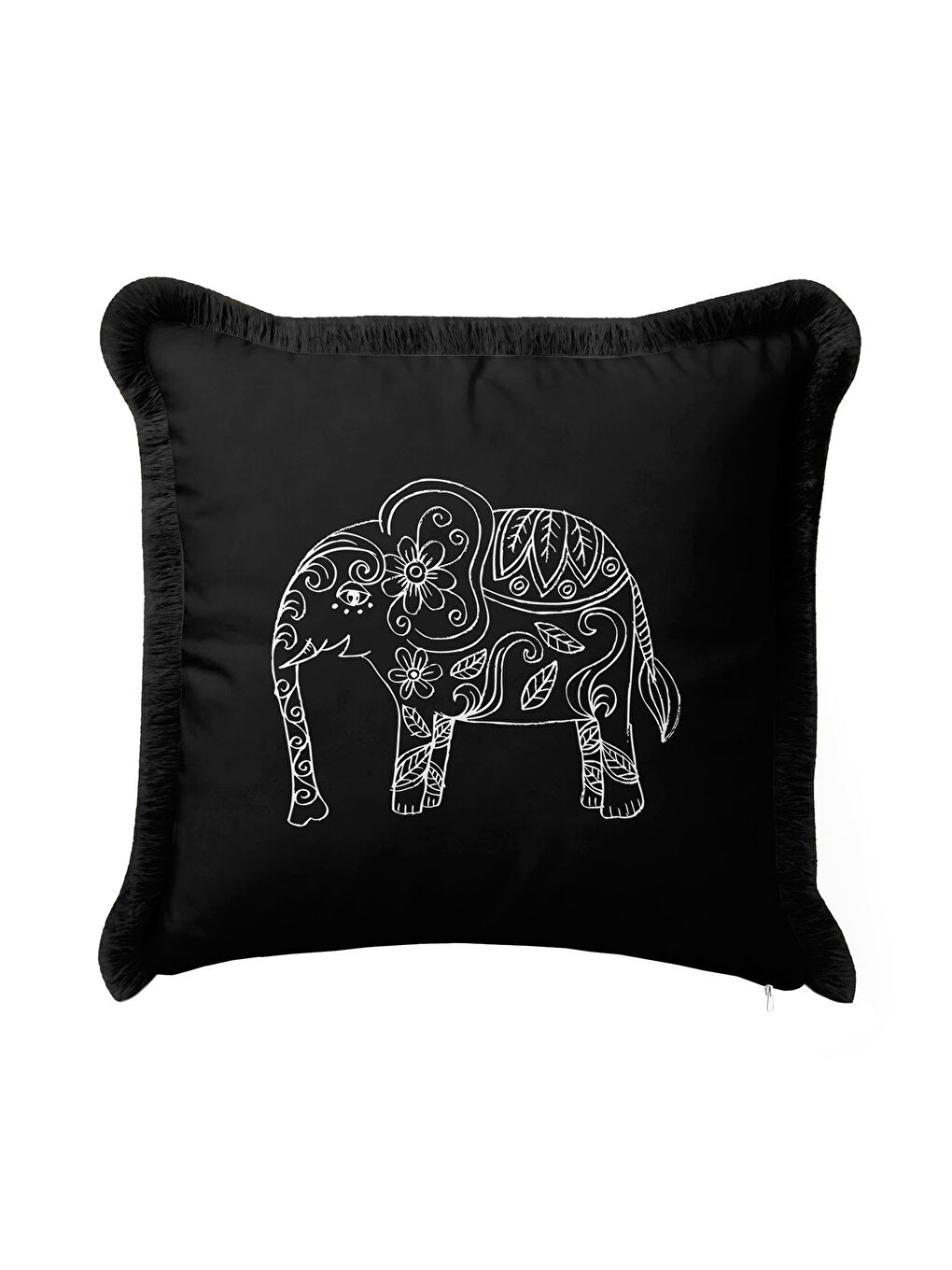 Karışık Hintli Fil Motifli Saçaklı Yastık Kılıfı - Siyah Etnik Bohem Beyaz Püsküllü Kırlent Kılıfı-2