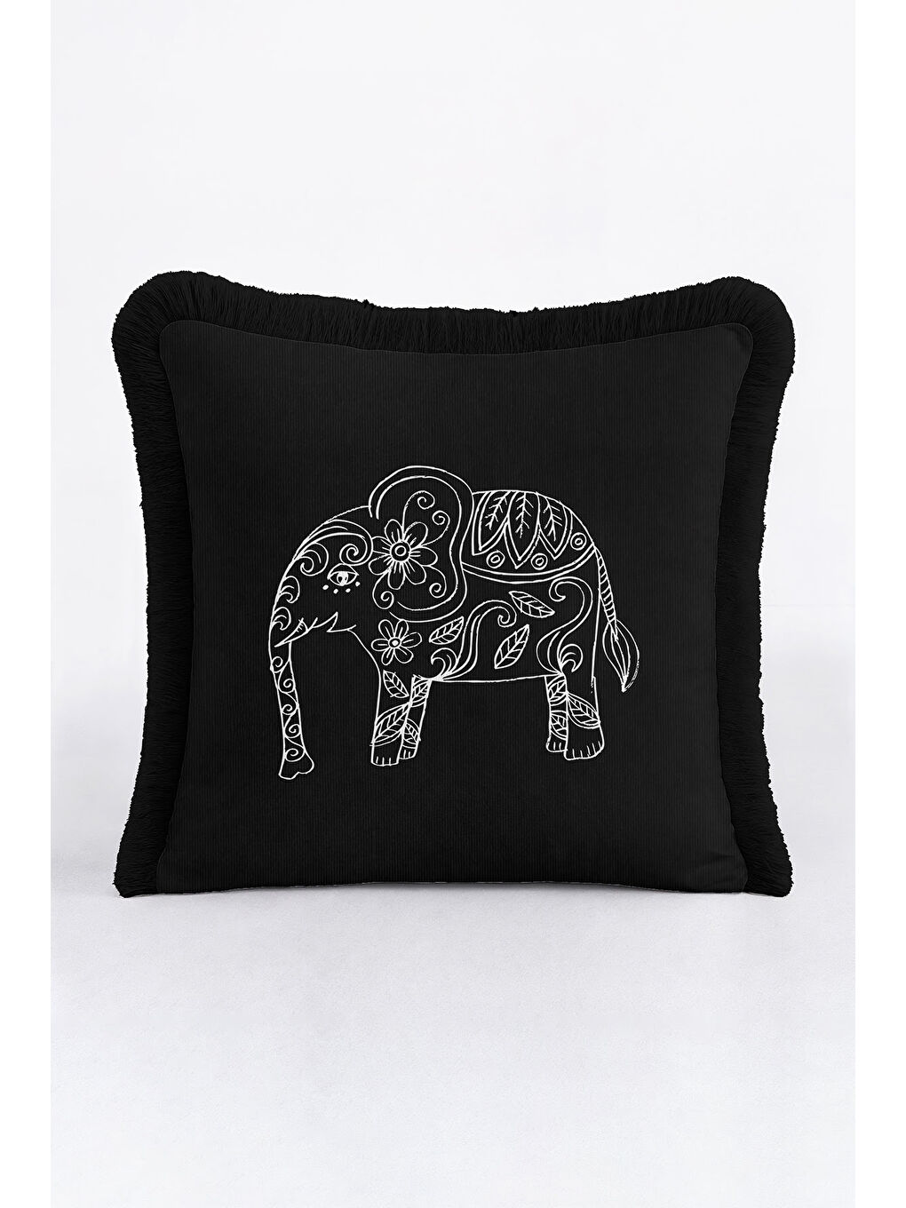 Karışık Hintli Fil Motifli Saçaklı Yastık Kılıfı - Siyah Etnik Bohem Beyaz Püsküllü Kırlent Kılıfı-3