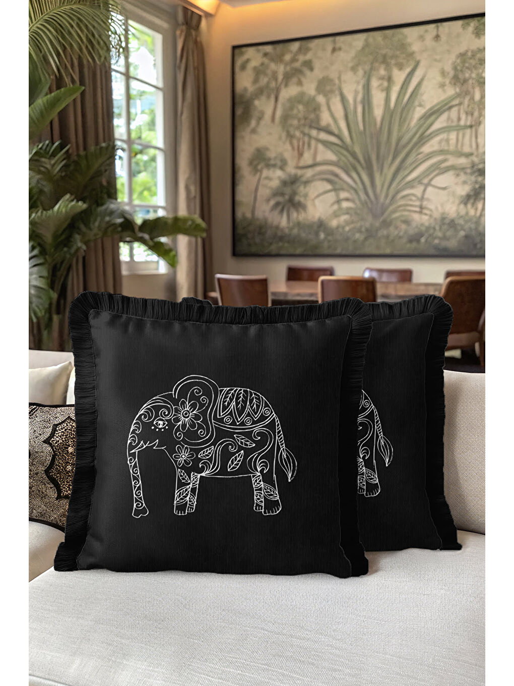 Karışık Hintli Fil Motifli Saçaklı Yastık Kılıfı - Siyah Etnik Bohem Beyaz Püsküllü Kırlent Kılıfı-5