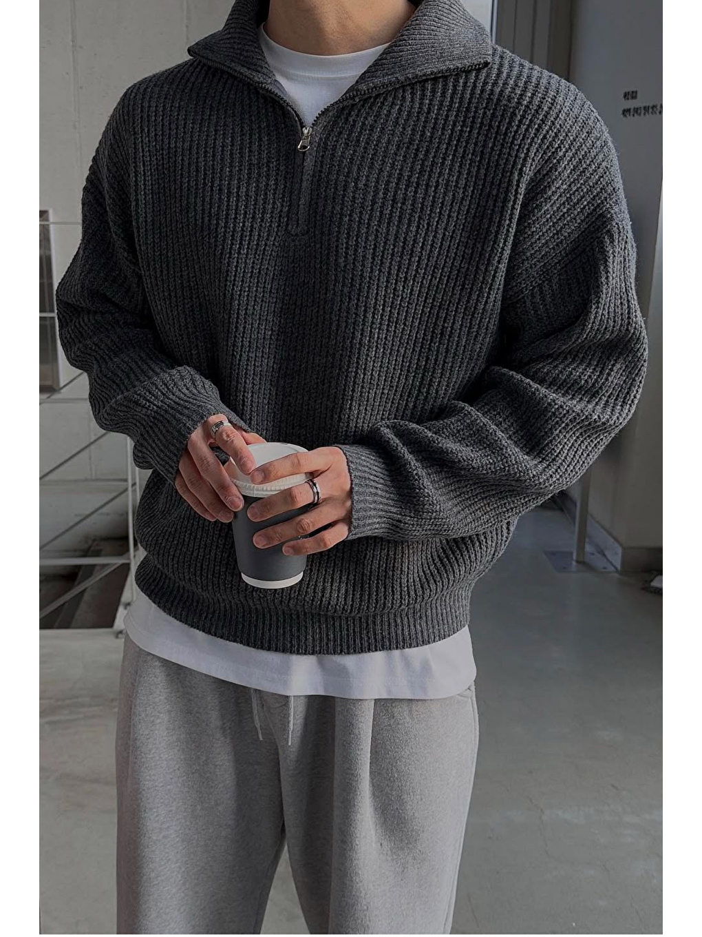 Gri Erkek Regular Fermuarlı Balıkçı Triko Kazak