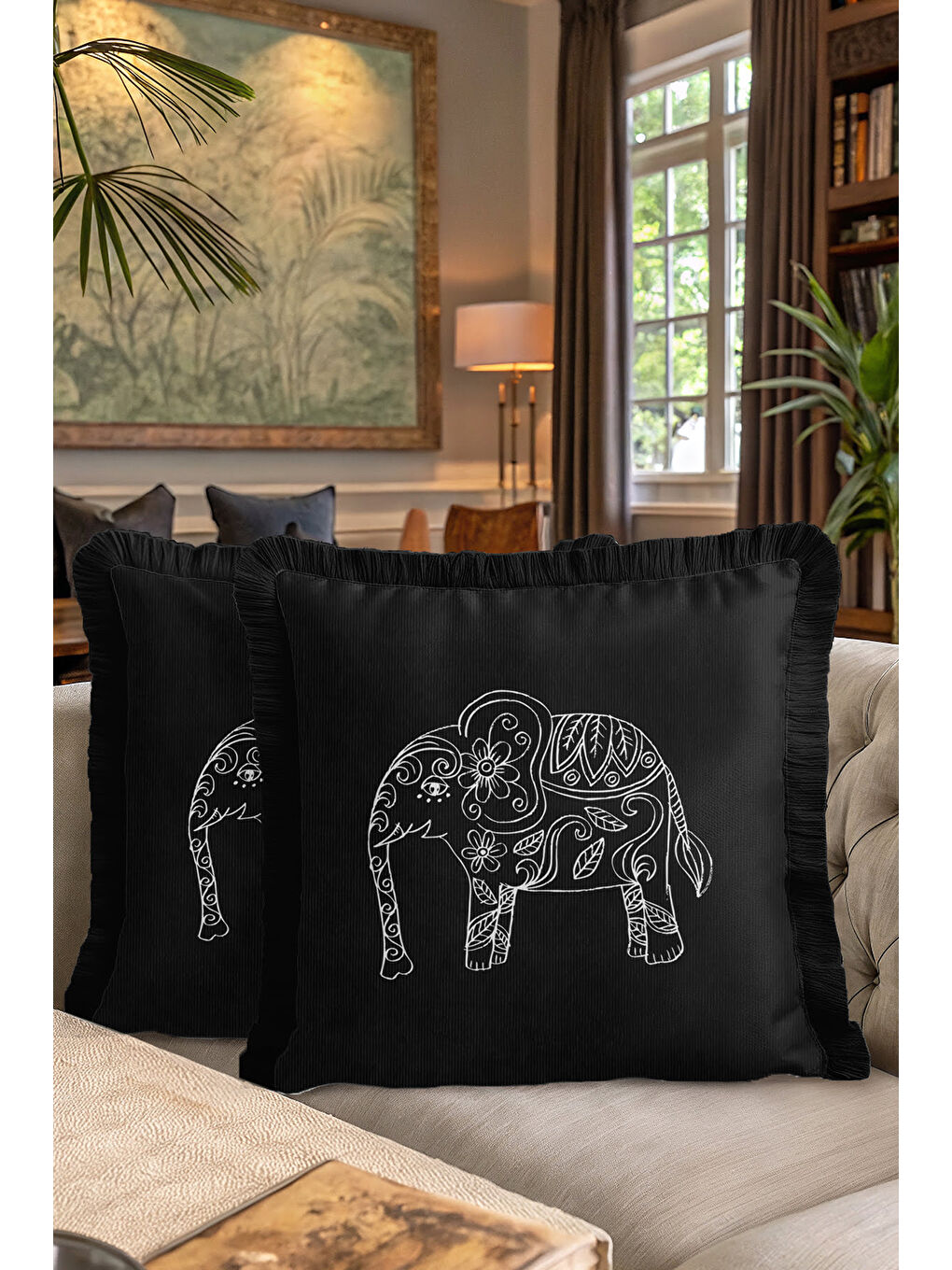 Karışık Hintli Fil Motifli Saçaklı Yastık Kılıfı - Siyah Etnik Bohem Beyaz Püsküllü Kırlent Kılıfı-7