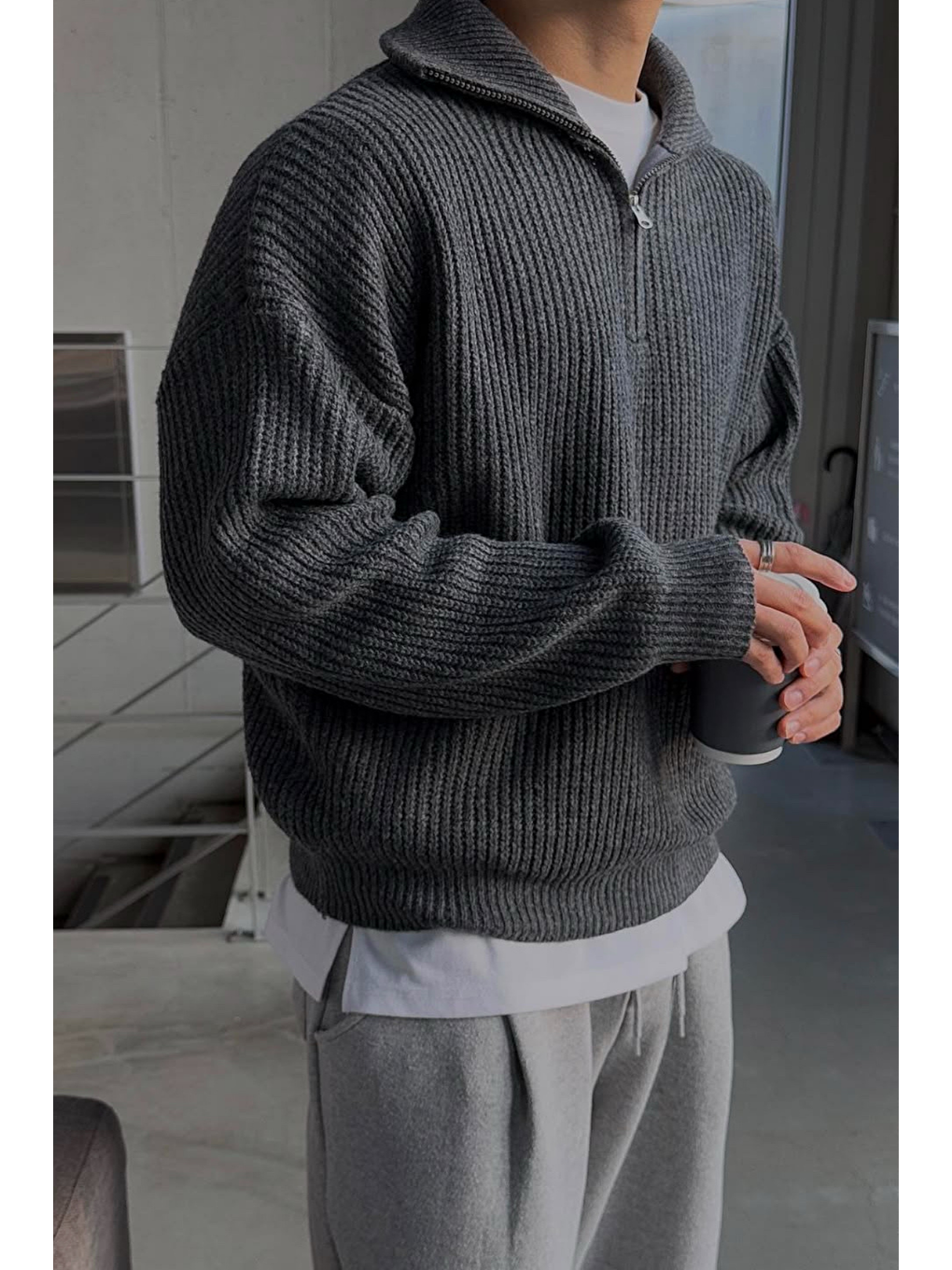 Gri Erkek Regular Fermuarlı Balıkçı Triko Kazak-1