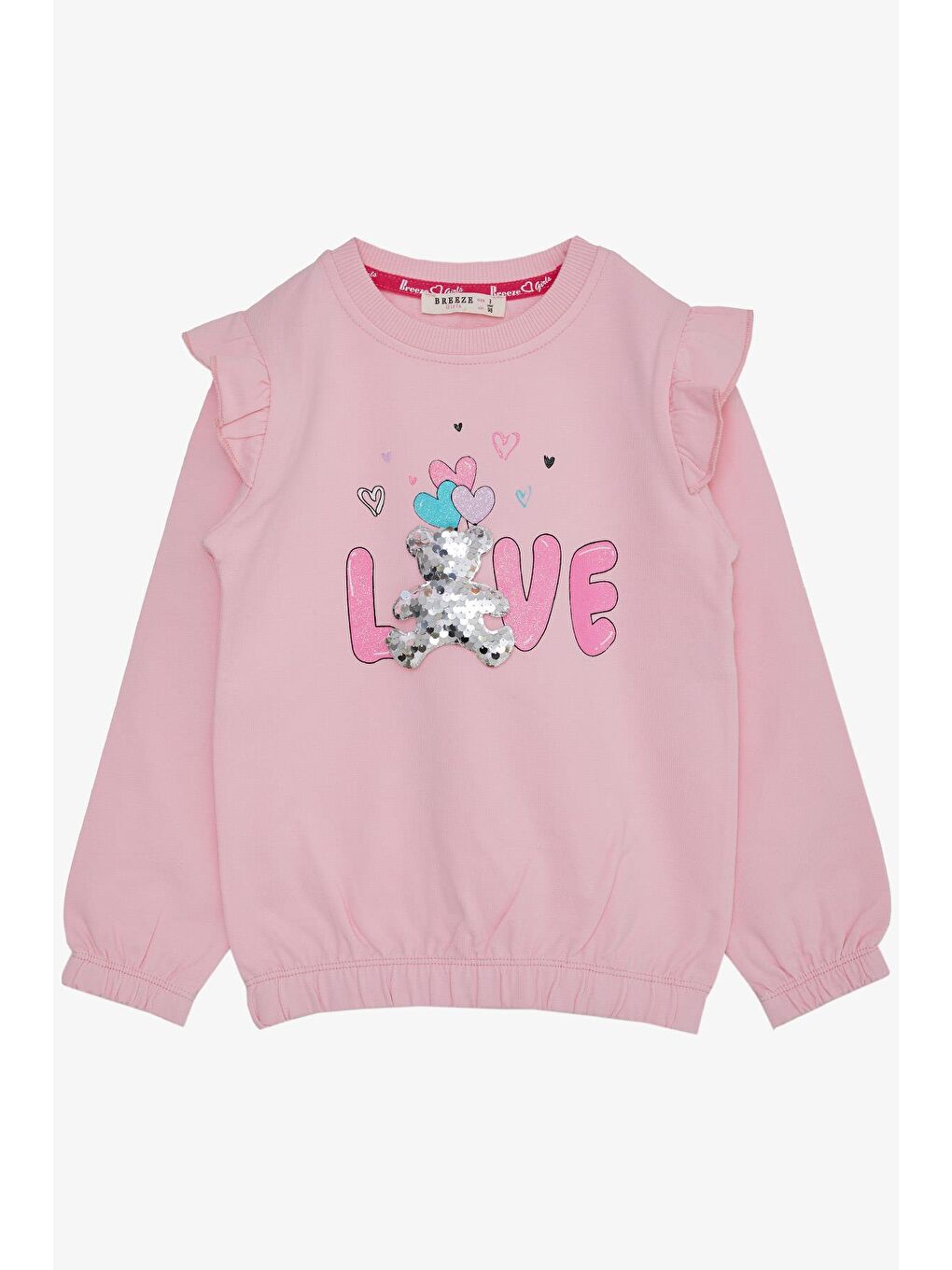 Breeze Pembe Kız Bebek Sweatshirt Pullu Ayıcık Aksesuarlı Simli Yazı Baskılı Pembe (1.5-4 Yaş)