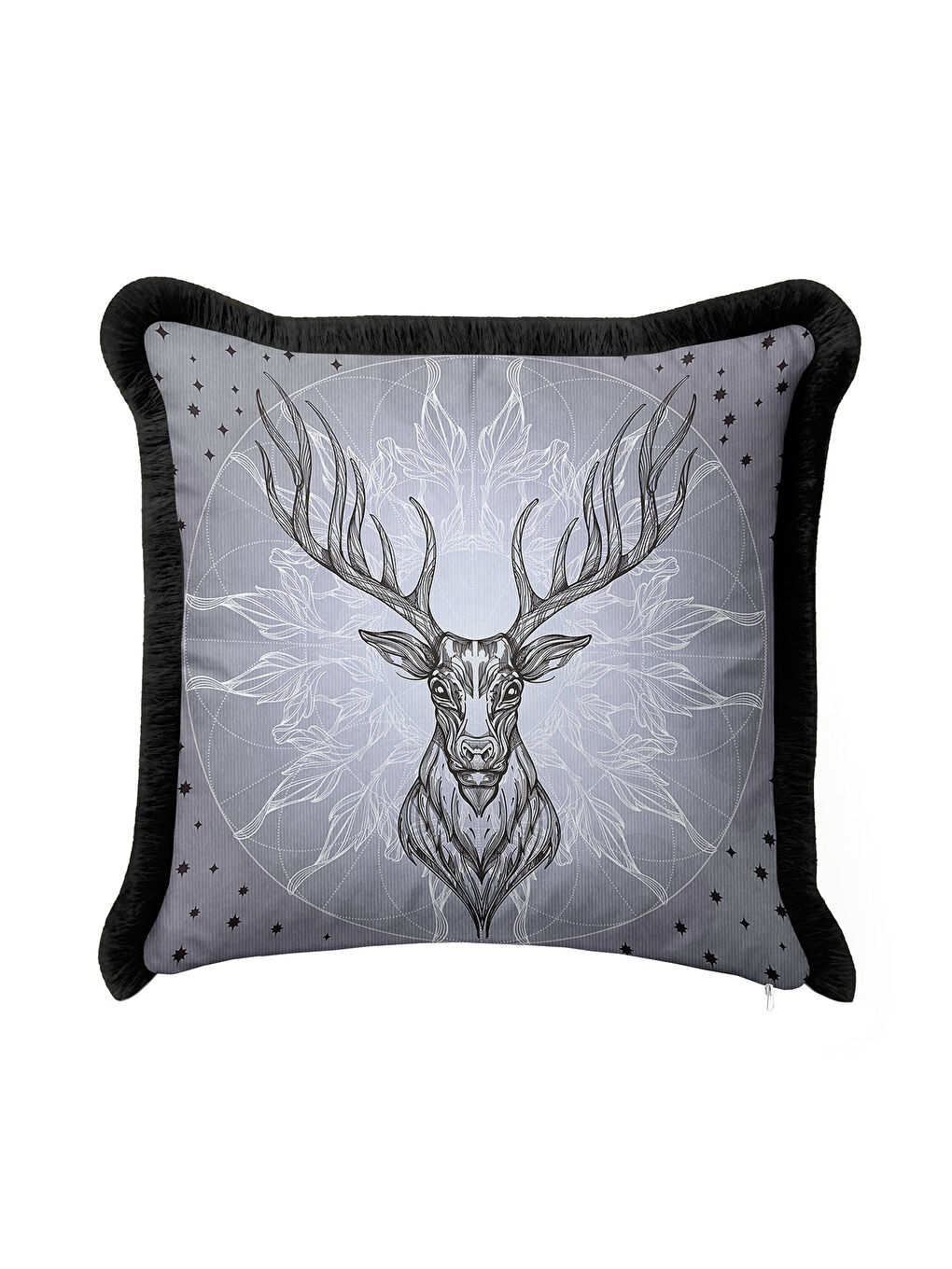 Karışık Asil Geyik Figürlü Saçaklı Yastık Kılıfı - Boho Tarz Gri Siyah Püsküllü Kırlent Kılıfı-1