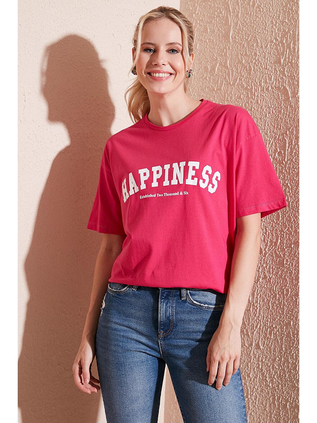 Lela Fuşya Baskılı Pamuklu Oversize Bisiklet Yaka T Shirt 541HAPPINESS