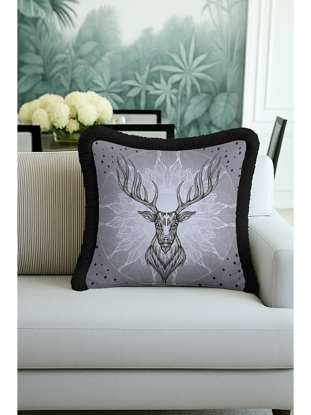 Karışık Asil Geyik Figürlü Saçaklı Yastık Kılıfı - Boho Tarz Gri Siyah Püsküllü Kırlent Kılıfı-2