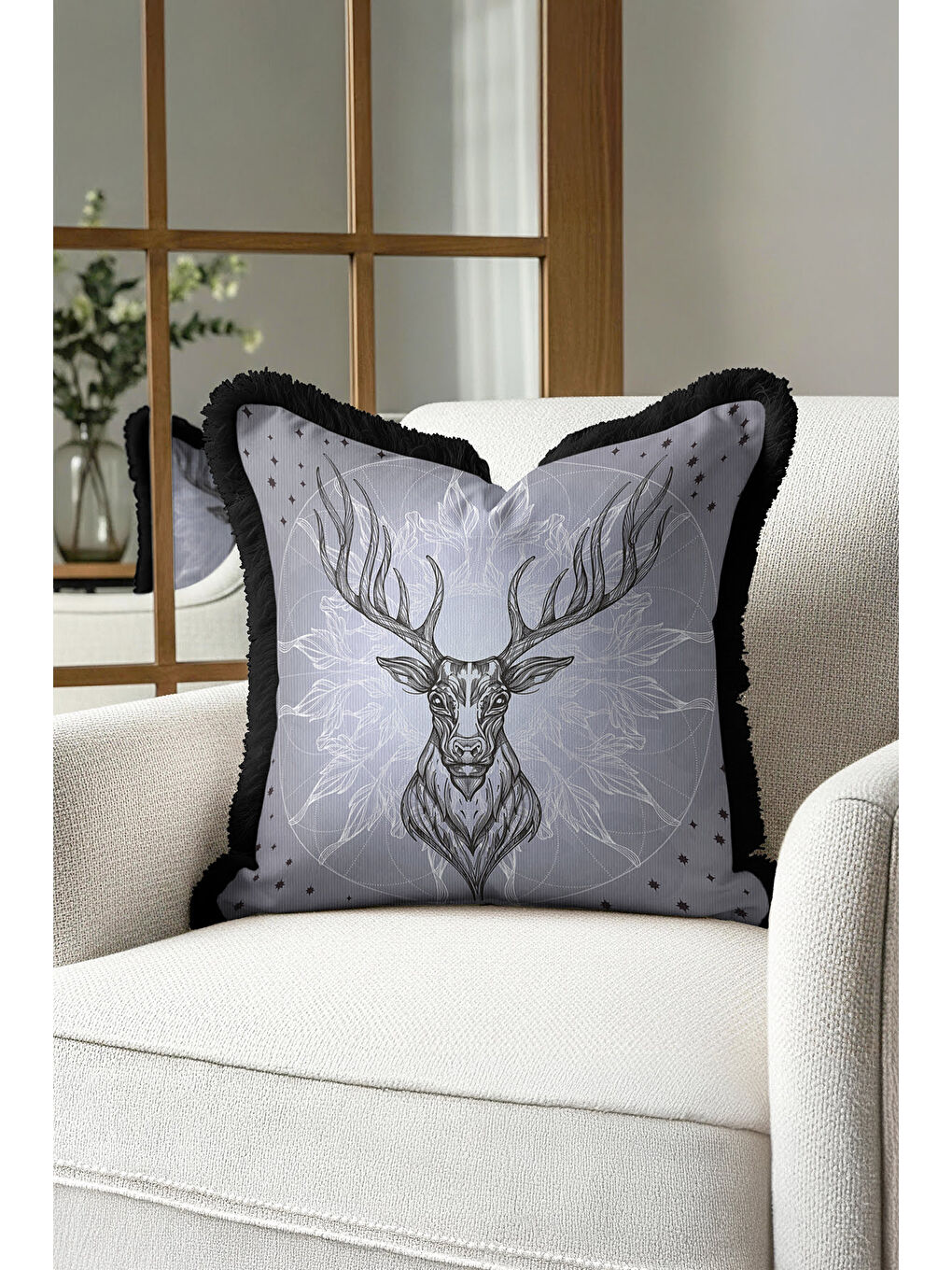 Karışık Asil Geyik Figürlü Saçaklı Yastık Kılıfı - Boho Tarz Gri Siyah Püsküllü Kırlent Kılıfı-3