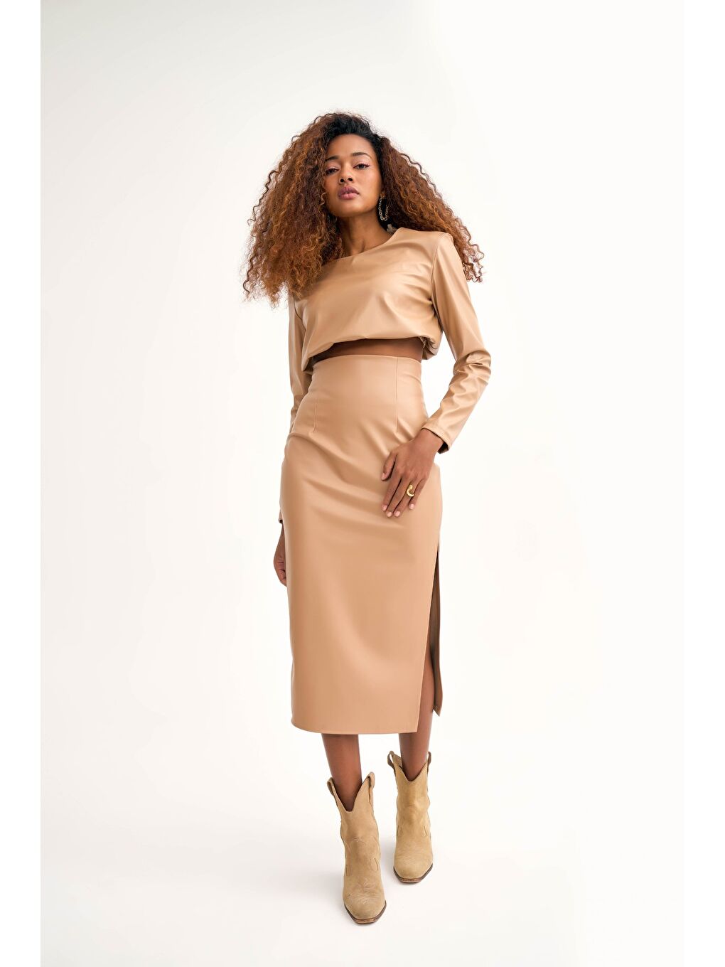 Bej Yan Yırtmaçlı Deri Etek - Taş-2