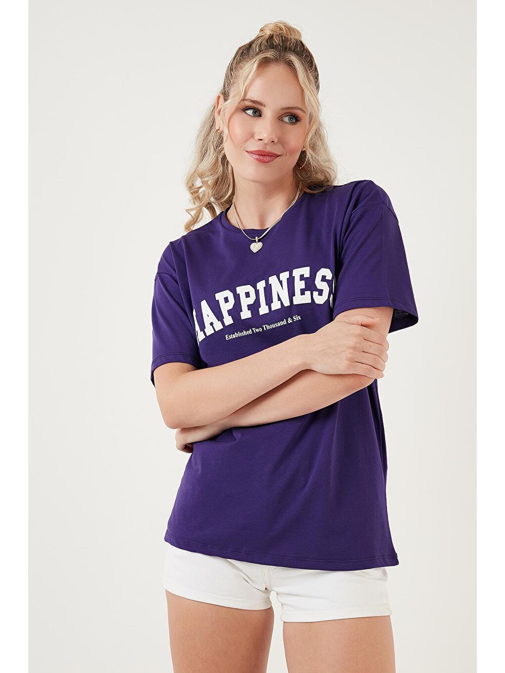 Lela Mor Baskılı Pamuklu Oversize Bisiklet Yaka T Shirt 541HAPPINESS - 1