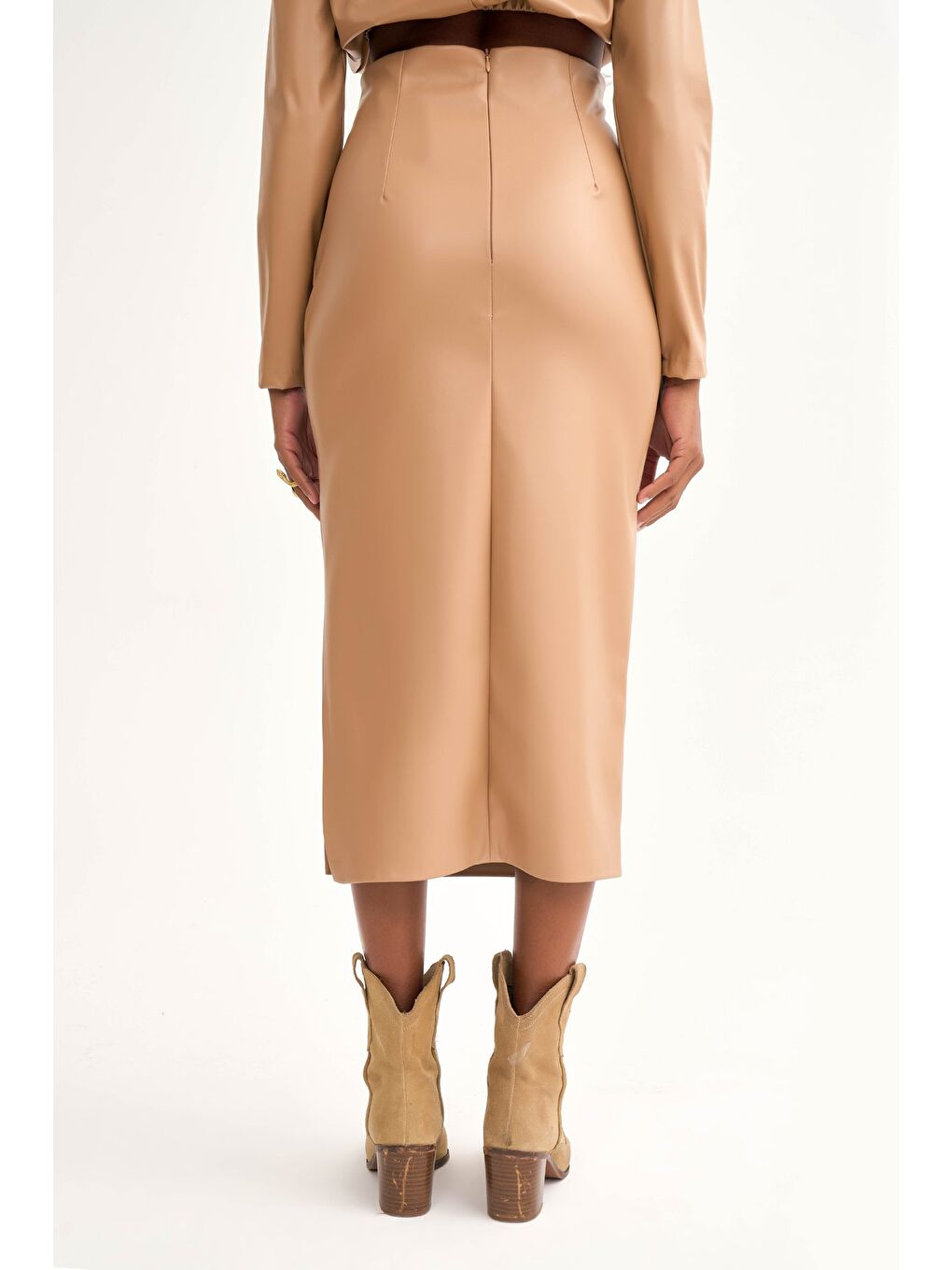 Bej Yan Yırtmaçlı Deri Etek - Taş-4