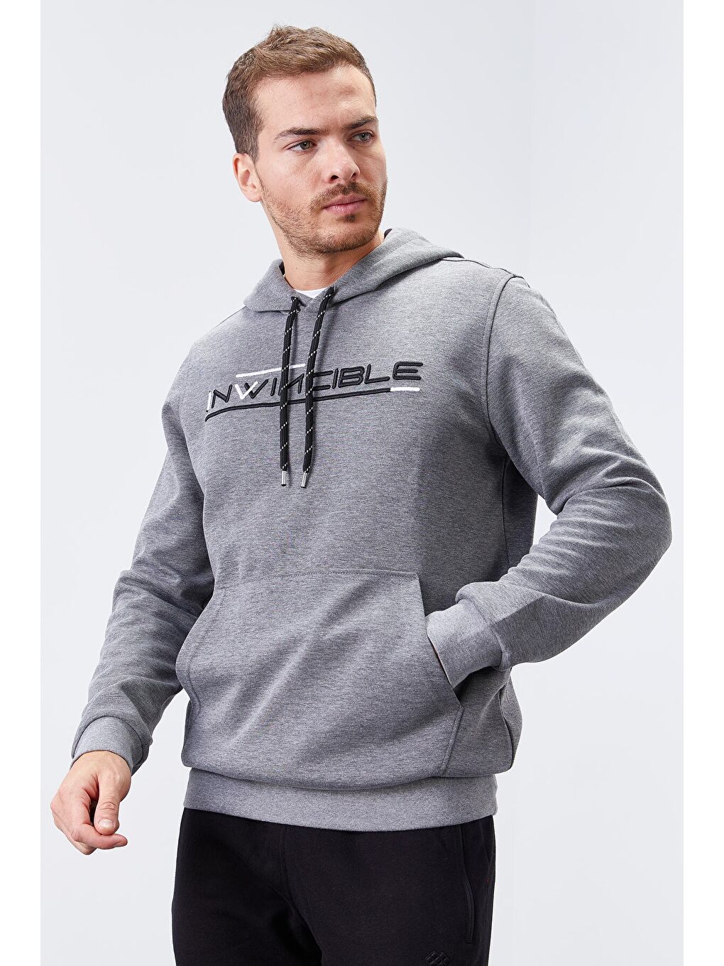 Gri Melanj Kanguru Cep Standart Kalıp Kapüşonlu  Erkek Hoodie - 87883-2