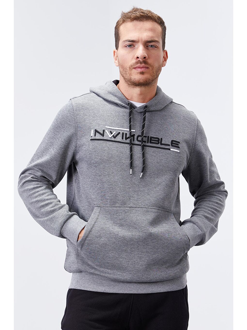 Gri Melanj Kanguru Cep Standart Kalıp Kapüşonlu  Erkek Hoodie - 87883-4