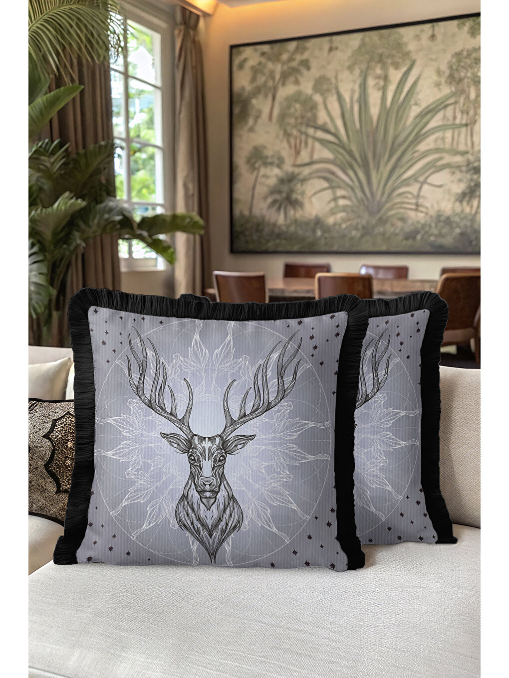 Karışık Asil Geyik Figürlü Saçaklı Yastık Kılıfı - Boho Tarz Gri Siyah Püsküllü Kırlent Kılıfı-5