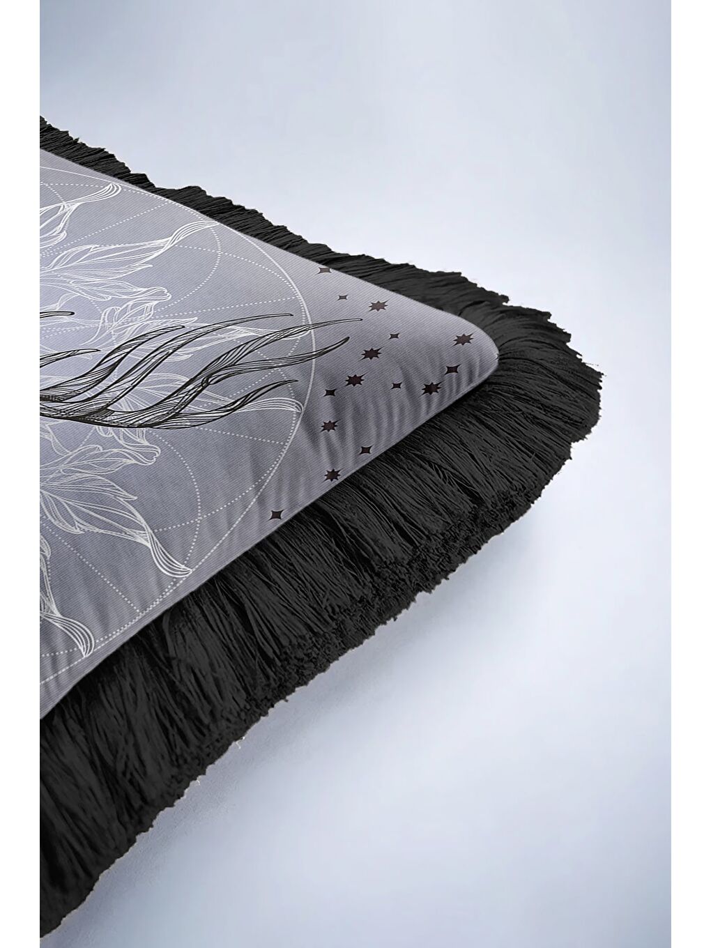 Karışık Asil Geyik Figürlü Saçaklı Yastık Kılıfı - Boho Tarz Gri Siyah Püsküllü Kırlent Kılıfı-6