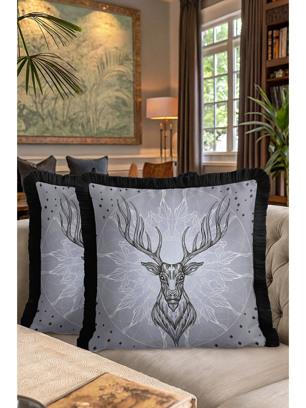 Karışık Asil Geyik Figürlü Saçaklı Yastık Kılıfı - Boho Tarz Gri Siyah Püsküllü Kırlent Kılıfı-7