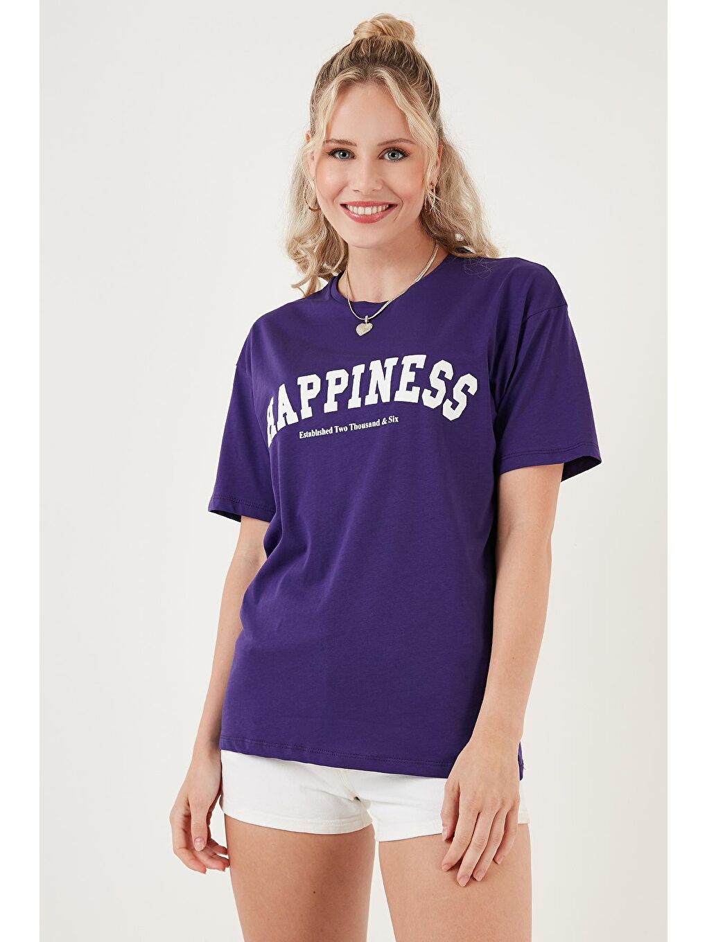 Lela Mor Baskılı Pamuklu Oversize Bisiklet Yaka T Shirt 541HAPPINESS - 3