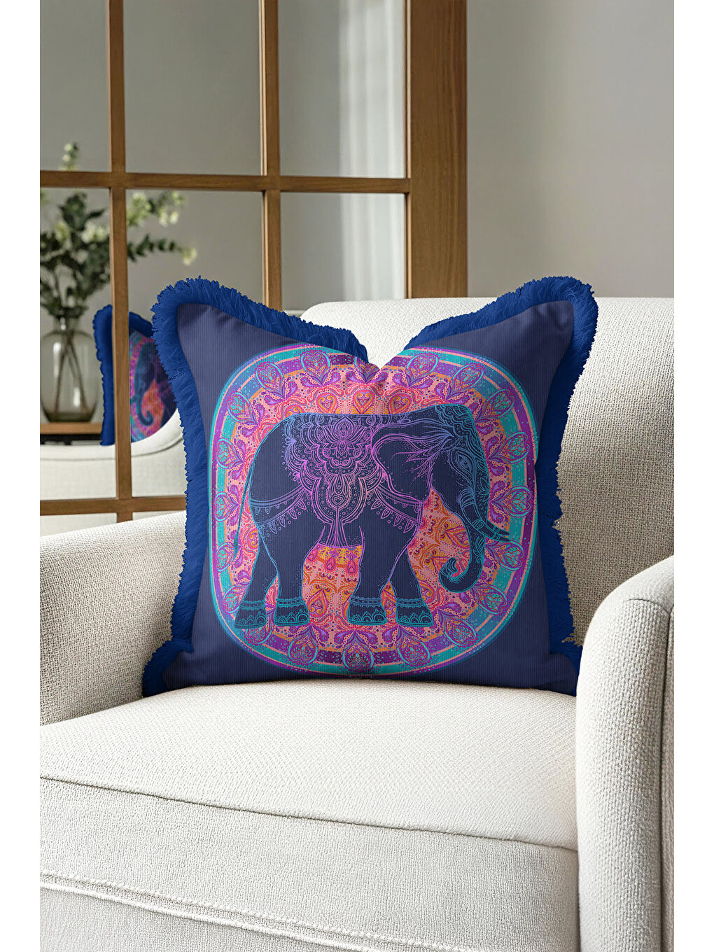 Karışık Mandala Fil Saçaklı Yastık Kılıfı - Etnik Bohem Turuncu Lacivert Püsküllü Kırlent Kılıfı