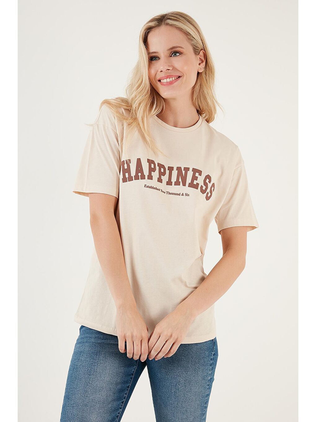 Lela Bej Baskılı Pamuklu Oversize Bisiklet Yaka T Shirt 541HAPPINESS - 2