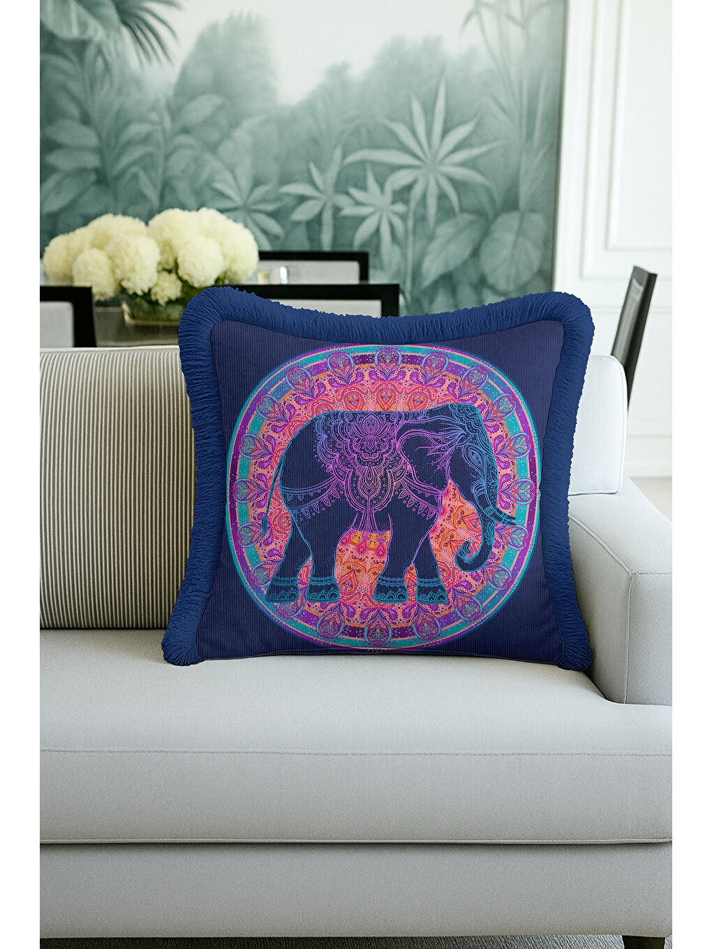 Karışık Mandala Fil Saçaklı Yastık Kılıfı - Etnik Bohem Turuncu Lacivert Püsküllü Kırlent Kılıfı-1