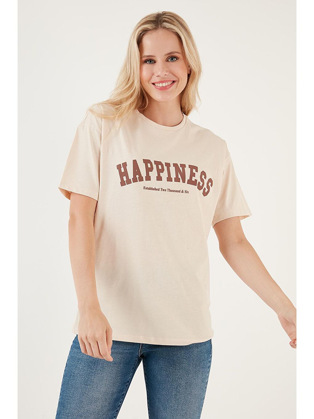 Lela Bej Baskılı Pamuklu Oversize Bisiklet Yaka T Shirt 541HAPPINESS - 3