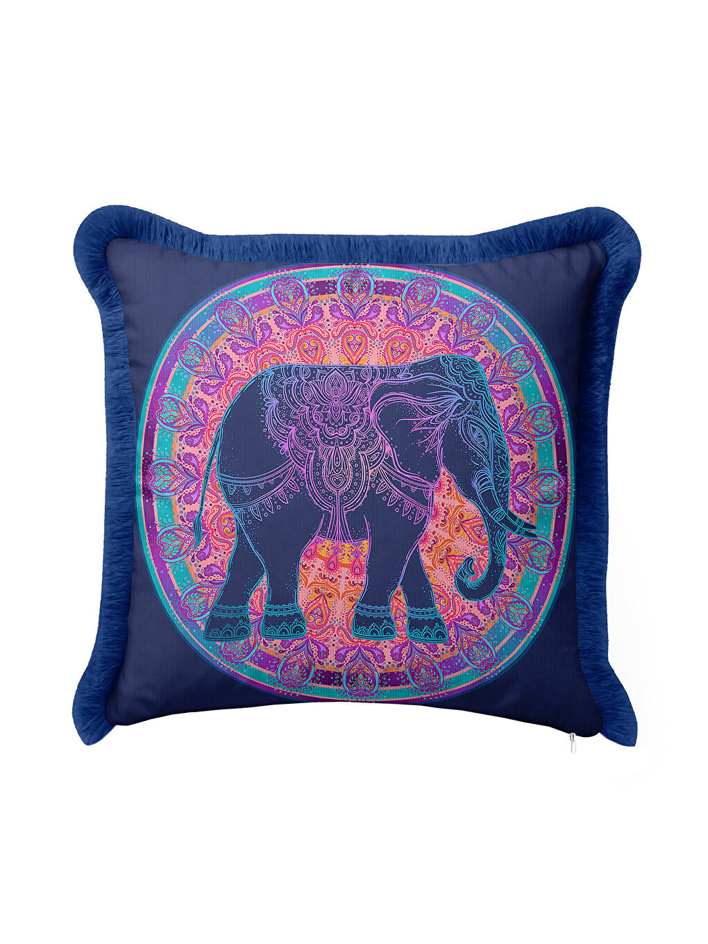 Karışık Mandala Fil Saçaklı Yastık Kılıfı - Etnik Bohem Turuncu Lacivert Püsküllü Kırlent Kılıfı-2