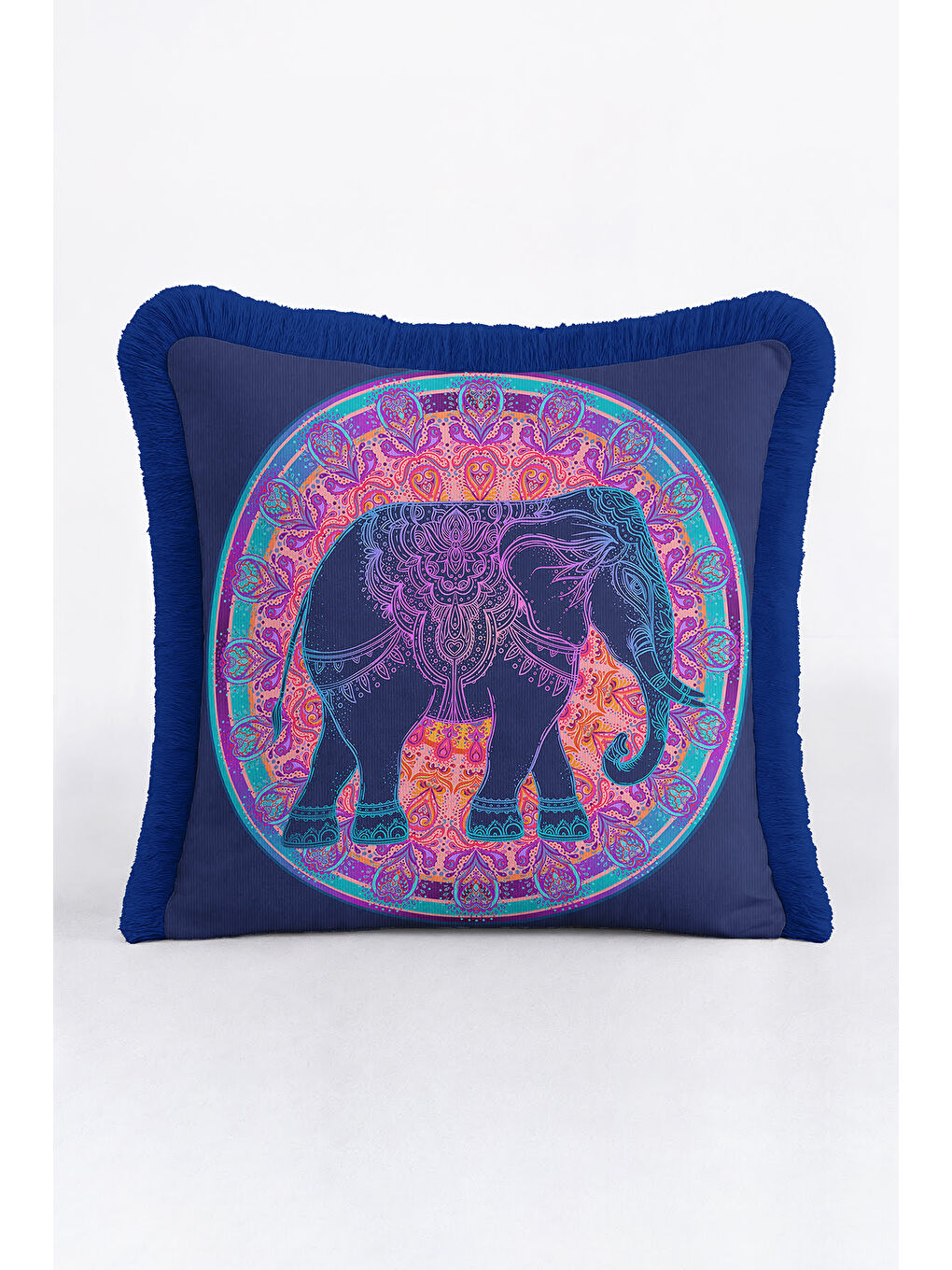 Karışık Mandala Fil Saçaklı Yastık Kılıfı - Etnik Bohem Turuncu Lacivert Püsküllü Kırlent Kılıfı-3