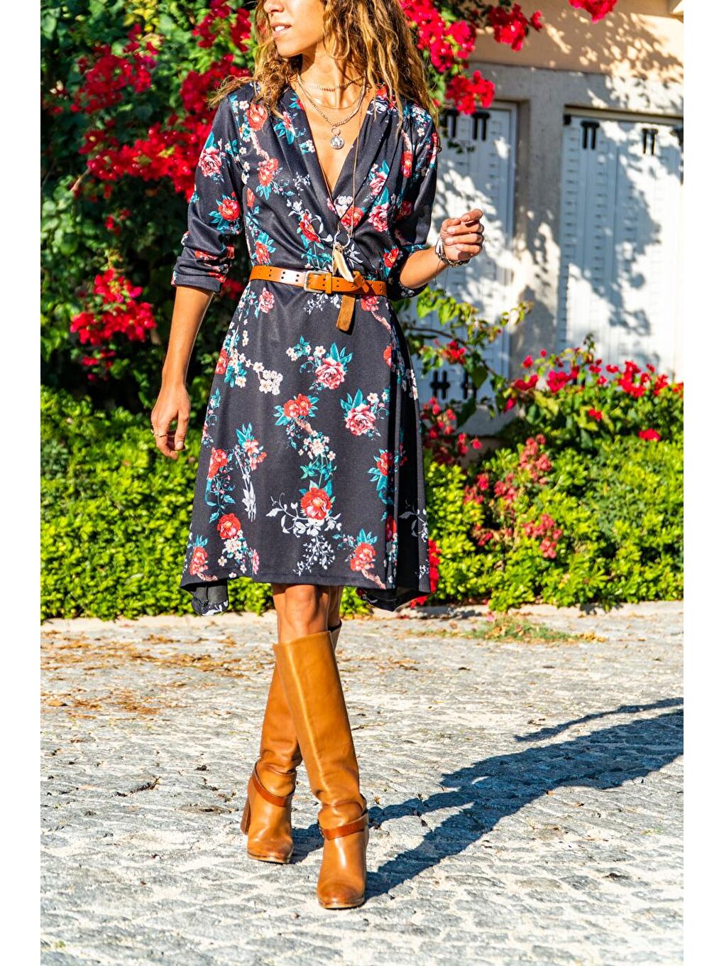 Kadın Siyah Kruvaze Çiçek Desenli Elbise GK-BST30kT4008-1500