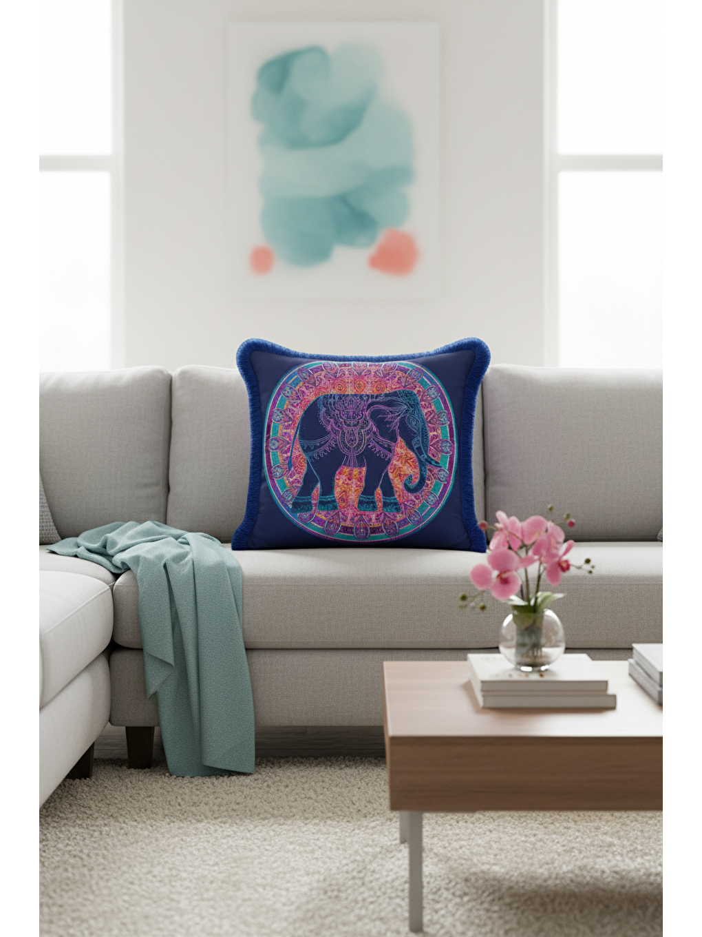 Karışık Mandala Fil Saçaklı Yastık Kılıfı - Etnik Bohem Turuncu Lacivert Püsküllü Kırlent Kılıfı-4