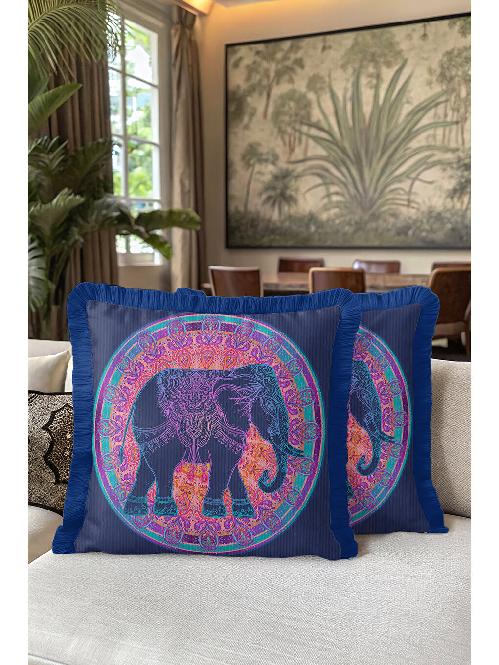 Karışık Mandala Fil Saçaklı Yastık Kılıfı - Etnik Bohem Turuncu Lacivert Püsküllü Kırlent Kılıfı-5