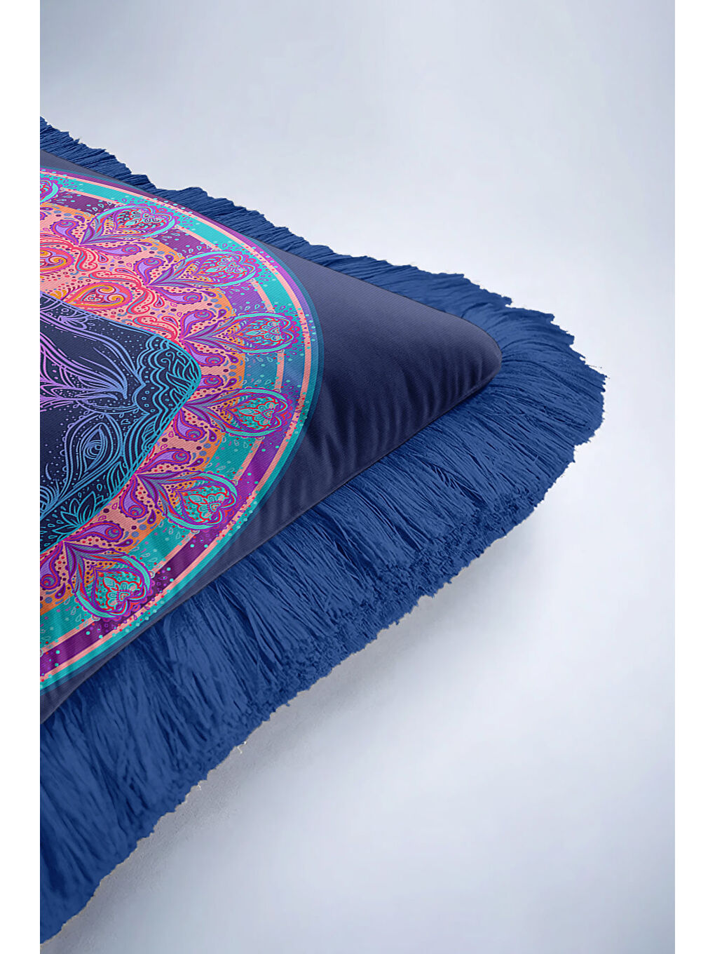 Karışık Mandala Fil Saçaklı Yastık Kılıfı - Etnik Bohem Turuncu Lacivert Püsküllü Kırlent Kılıfı-6