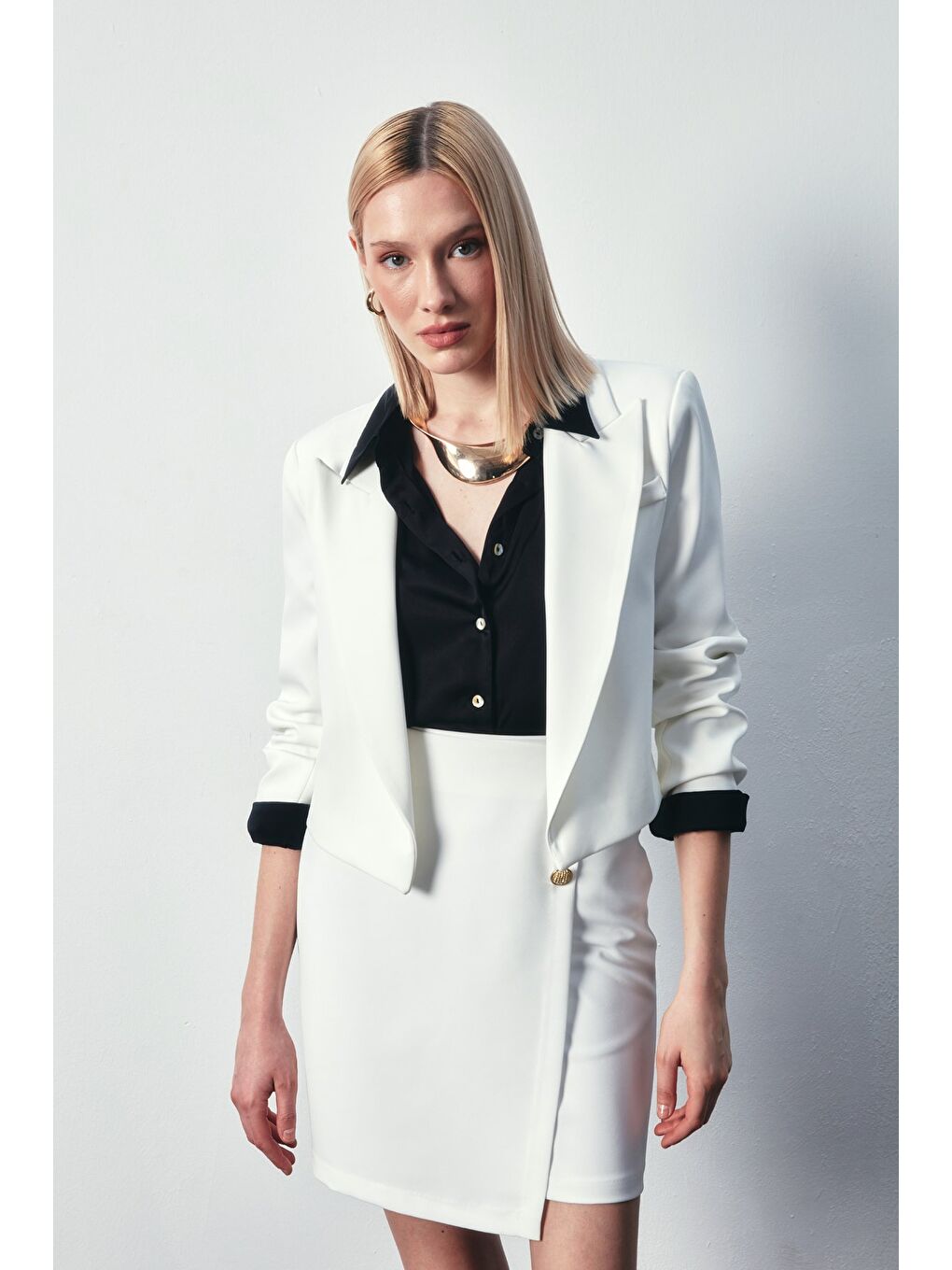 Kruvaze Düğme Detaylı Etek - Ekru-2