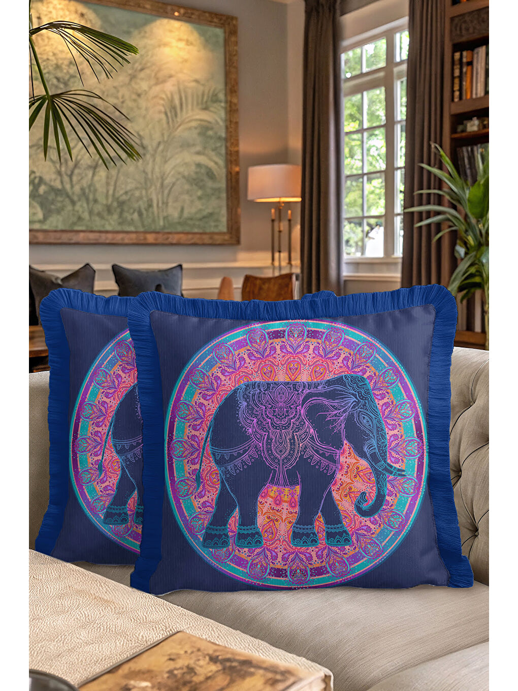 Karışık Mandala Fil Saçaklı Yastık Kılıfı - Etnik Bohem Turuncu Lacivert Püsküllü Kırlent Kılıfı-7