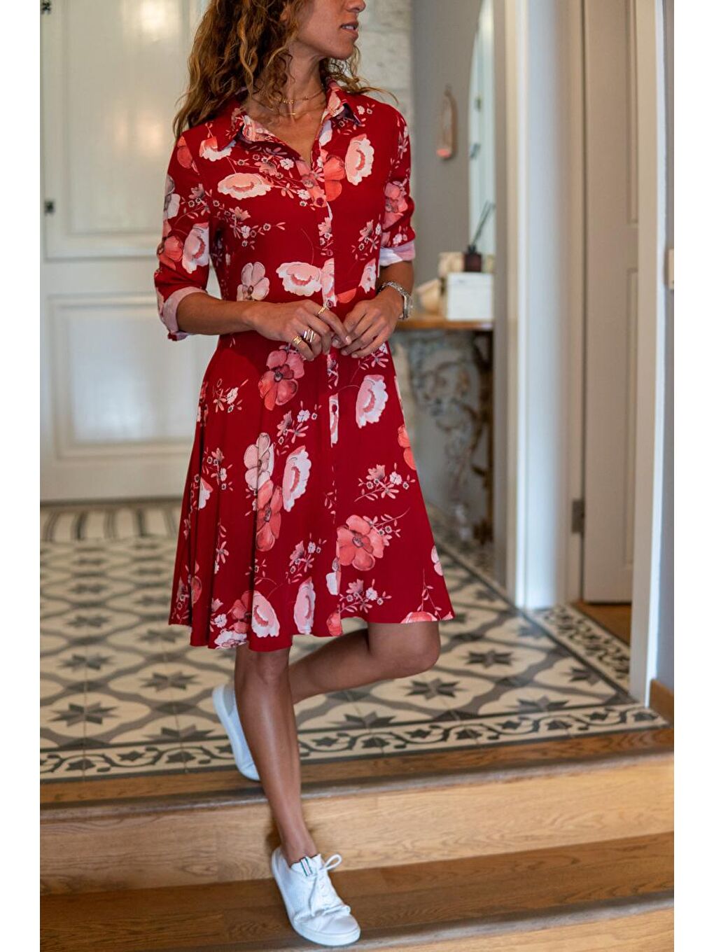 Kadın Bordo Desenli Gömlek Elbise GK-BST30k2164-2-1