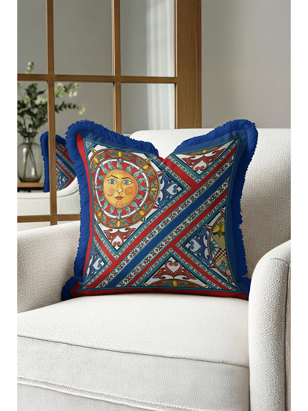 Karışık Barok Güneş Motifli Saçaklı Yastık Kılıfı - Akdeniz Bohem Mavi Kırmızı Püsküllü Kırlent Kılıfı-1