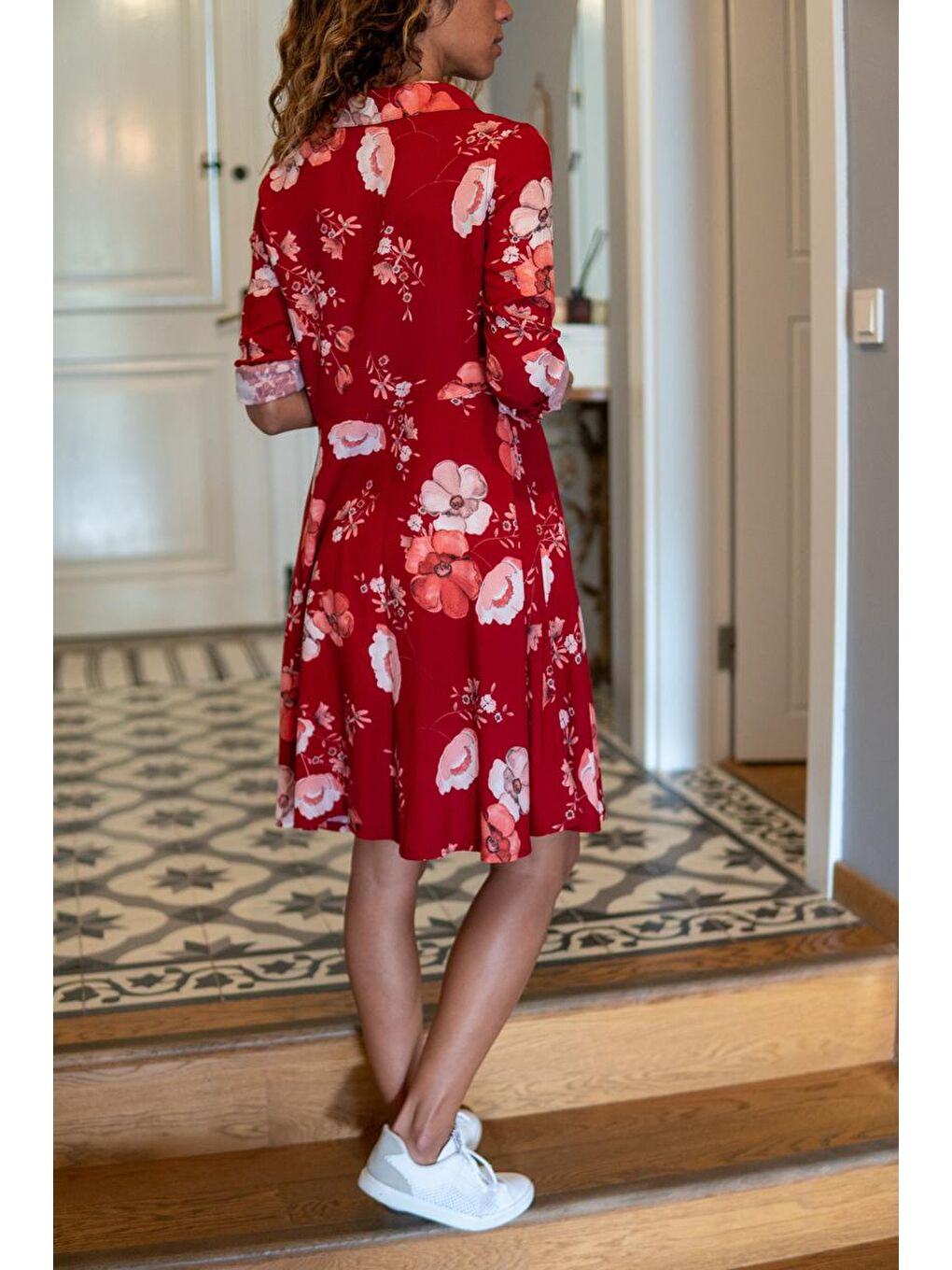 Kadın Bordo Desenli Gömlek Elbise GK-BST30k2164-2-3