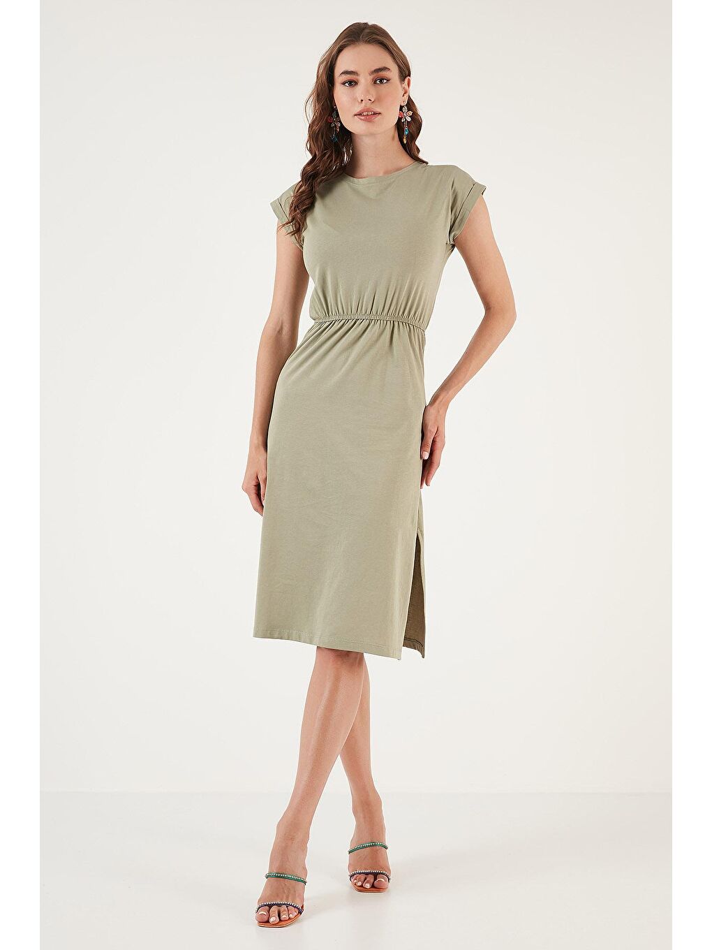 Yeşil Pamuklu Kısa Kollu Çift Yırtmaçlı Midi Elbise 5864205