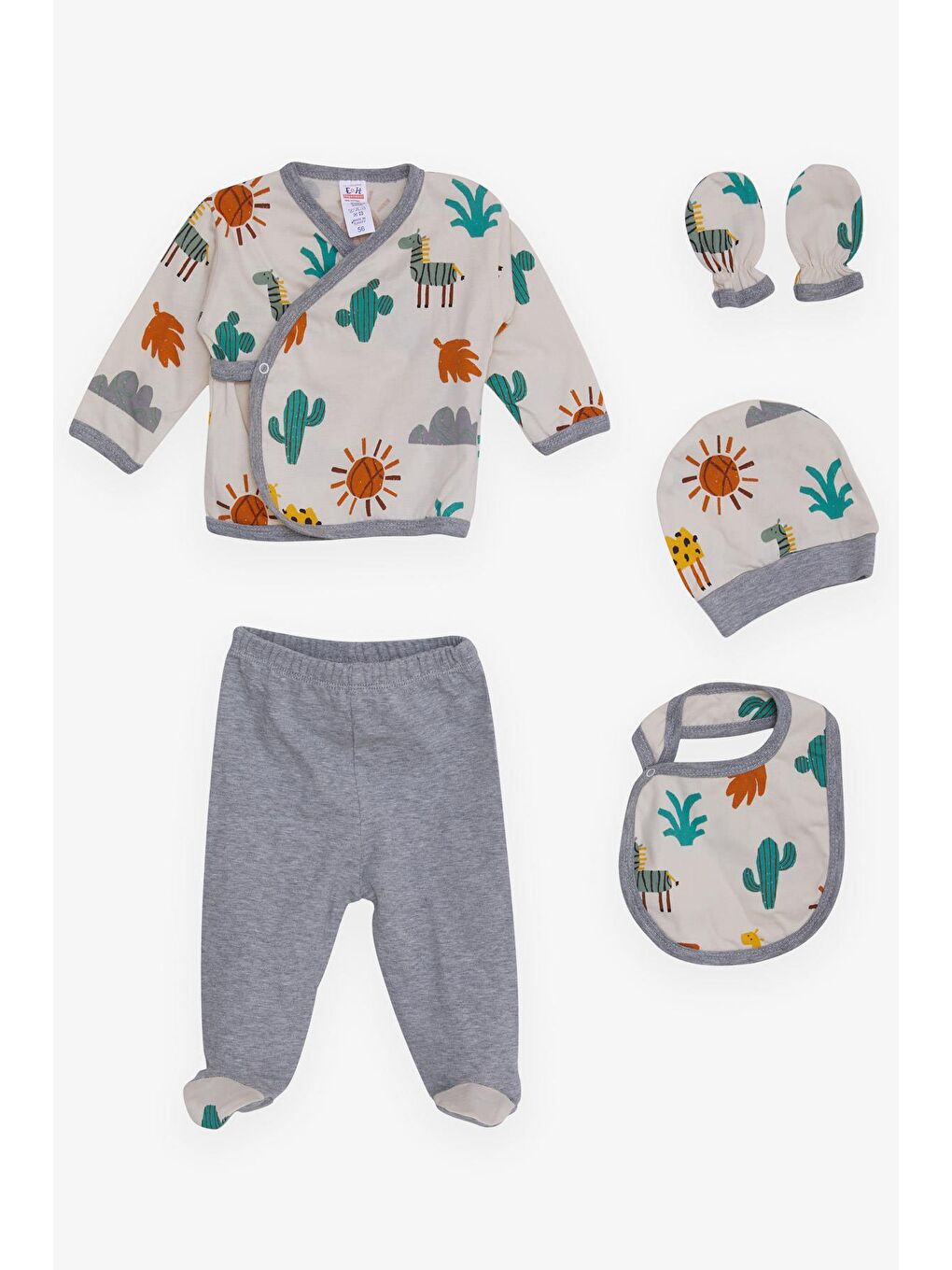 Ekru Erkek Bebek Hastane Çıkışı 5 li Çöl Temalı Kaktüs Baskılı Krem (0-3 Ay)