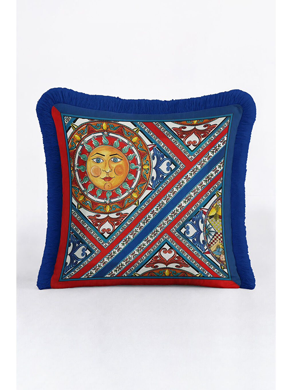 Karışık Barok Güneş Motifli Saçaklı Yastık Kılıfı - Akdeniz Bohem Mavi Kırmızı Püsküllü Kırlent Kılıfı-2