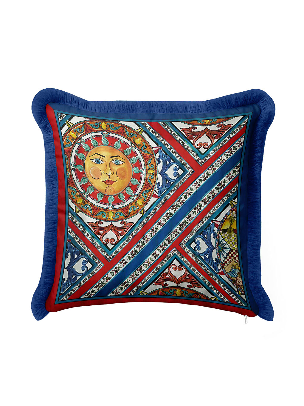 Karışık Barok Güneş Motifli Saçaklı Yastık Kılıfı - Akdeniz Bohem Mavi Kırmızı Püsküllü Kırlent Kılıfı-3