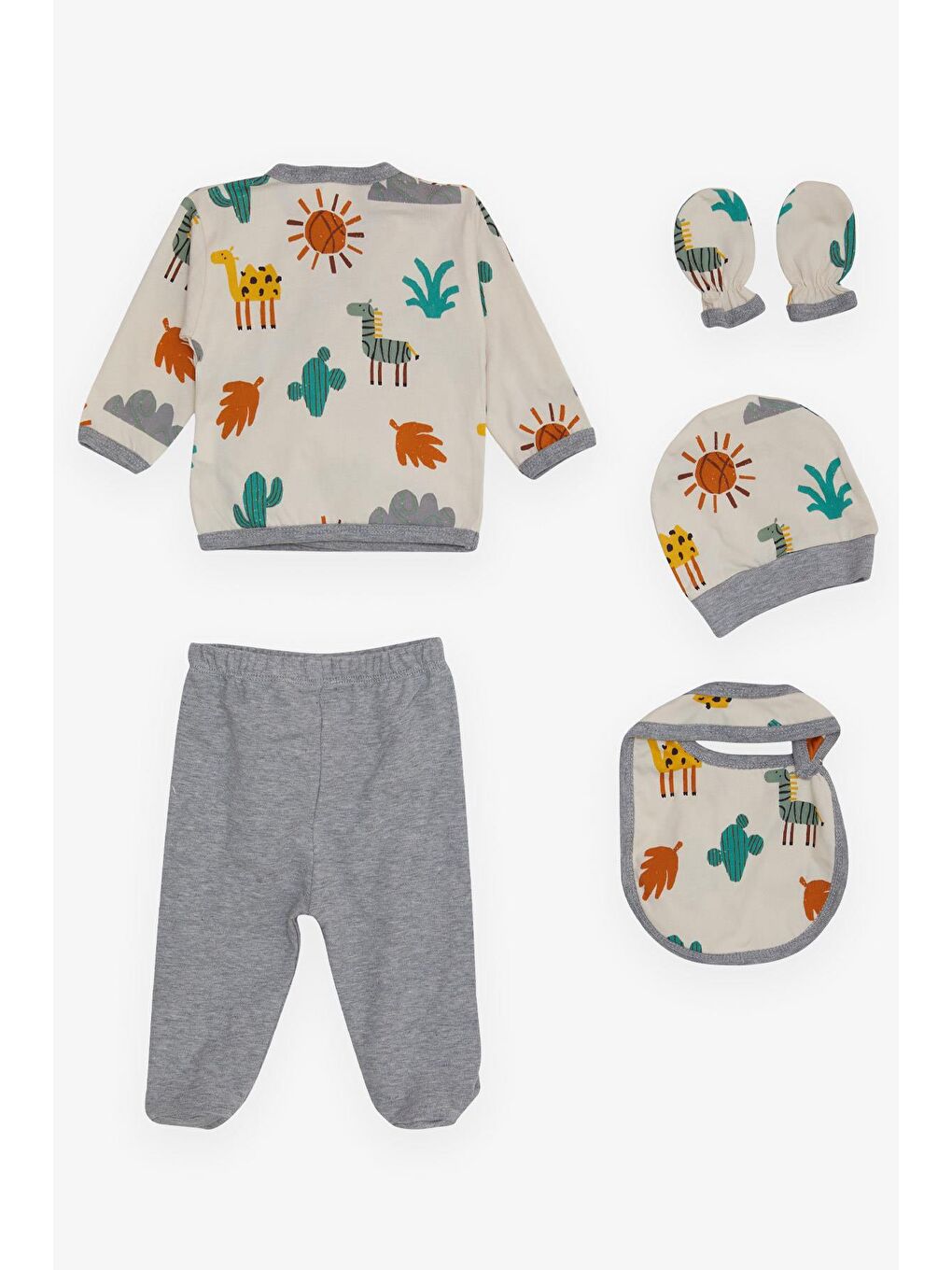 Ekru Erkek Bebek Hastane Çıkışı 5 li Çöl Temalı Kaktüs Baskılı Krem (0-3 Ay)-1